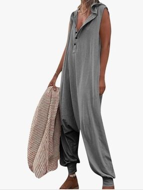 Boho Heather Gray Sleeveless Hooded Jumpsuit - Relaxed Harem Fit - Size Medium